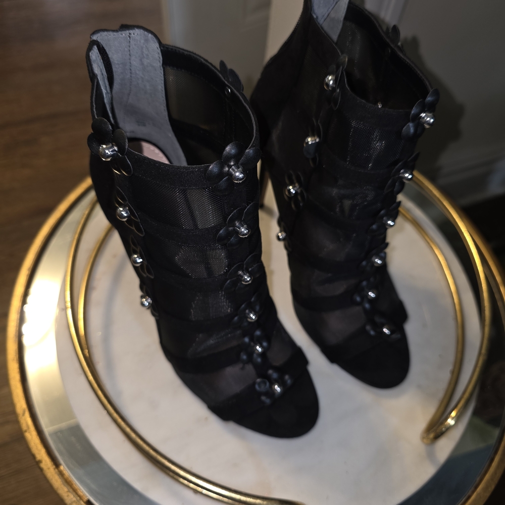 Avec Les Filles Black Mesh Heels with Silver Accents